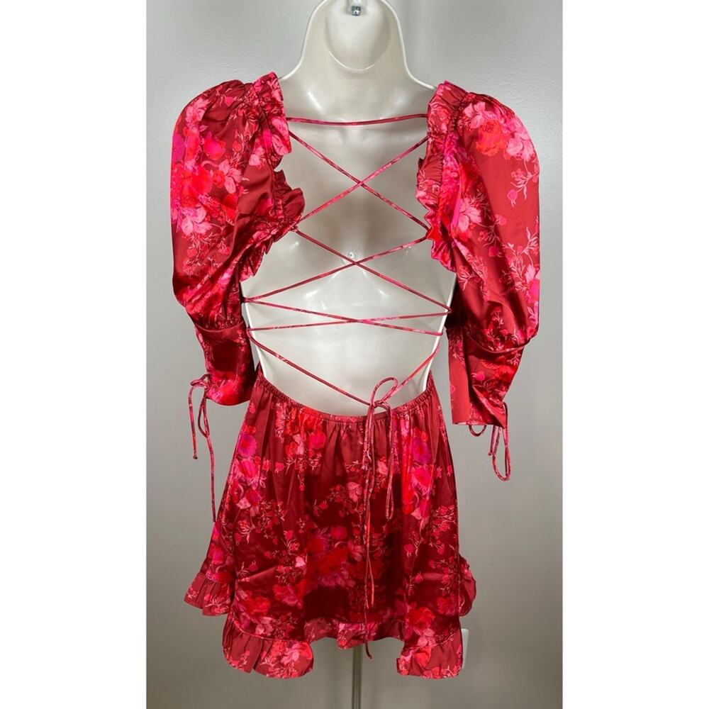 FOR LOVE & LEMONS Alia Floral Puff Sleeve Tie Back Red Mini Dress Size XS - Picture 7 of 9